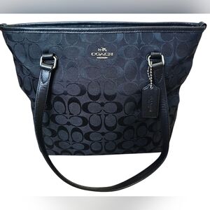 Coach Top Zip Black Signature Monogram Tote with Leather Trim, Horse & Carriage